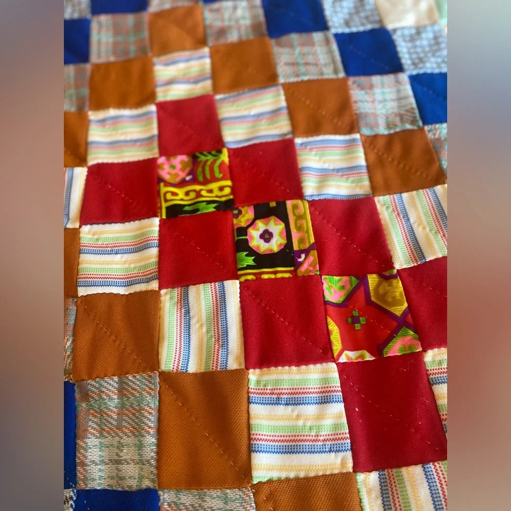 Handmade Multicolor Patchwork Quilt - Vibrant Checkerboard Bedding 99”/74”